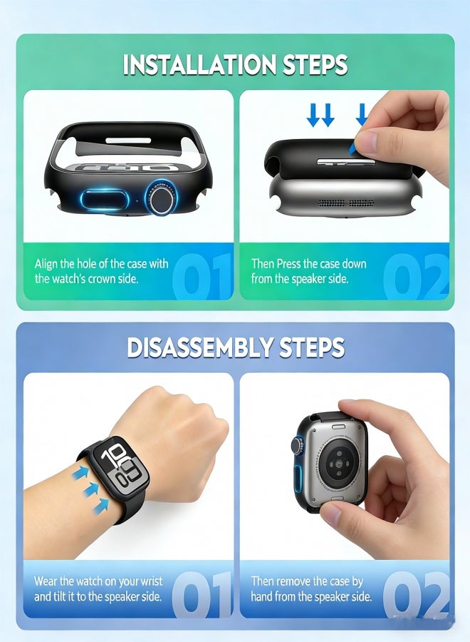 2 Pack Tempered Glass Case Compatible for Apple Watch Series 11  Series 10 46mm, Hard PC Screen Protector Overall Protection Scratch-Resistant Cover for iWatch, 1 Rose Gold + 1 Transparent - Image 3